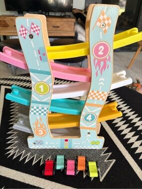 Stackable Wooden Race Track Toy in Pink, Yellow, Teal, White, Gray, Orange